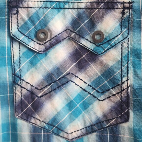 Moonshine Spirit Shirt Mens Medium Blue Plaid Short Sleeve Western Pearl Snap - Picture 3 of 11